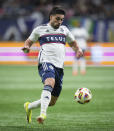 Vancouver Whitecaps' Brian White takes a shot on goal against the LA Galaxy during the second half of an MLS soccer match Saturday, April 13, 2024, in Vancouver, British Columbia. (Darryl Dyck/The Canadian Press via AP)