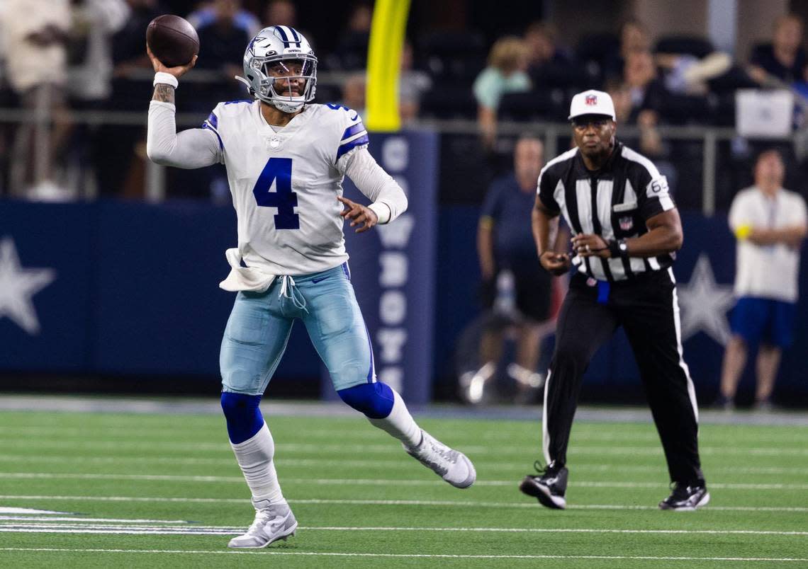 Dallas Cowboys Dak Prescott throws the ball during the second half of the game against Tampa Bay Buccaneers Sunday, Sept. 11, 2022, at AT&T Stadium in Arlington.