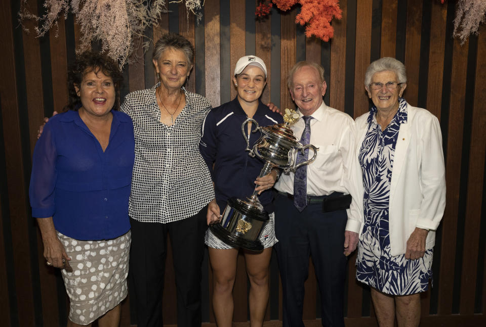 Ash Barty, pictured here with Evonne Goolagong Cawley, Chris O'Neil, Rod Laver and Judy Dalton after winning the Australian Open.