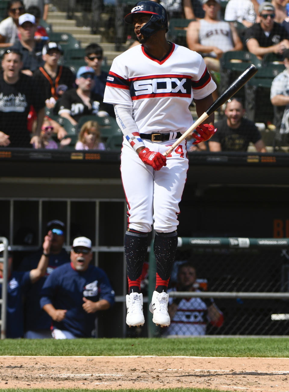 Chicago White Sox's Eloy Jimenez reacts after being called out on strikes during the sixth inning of a baseball game against the Minnesota Twins, Sunday, July 28, 2019, in Chicago. (AP Photo/Matt Marton)