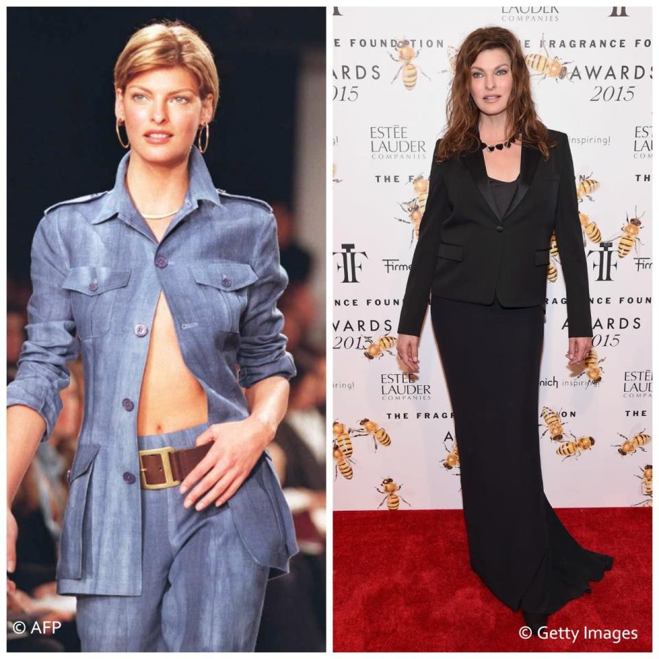Then and now: (Left) Photo dated 30 October, 1996 shows Linda Evangelista showcasing a Ralph Lauren creation at the Spring fashion collection in New York.