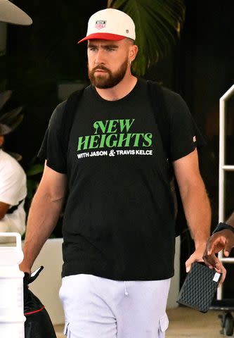 <p>Backgrid/MEGA</p> Travis Kelce is seen leaving his hotel and boarding a private jet on May 6, 2024, after attending Miami F1 Grand Prix in Miami, Florida.