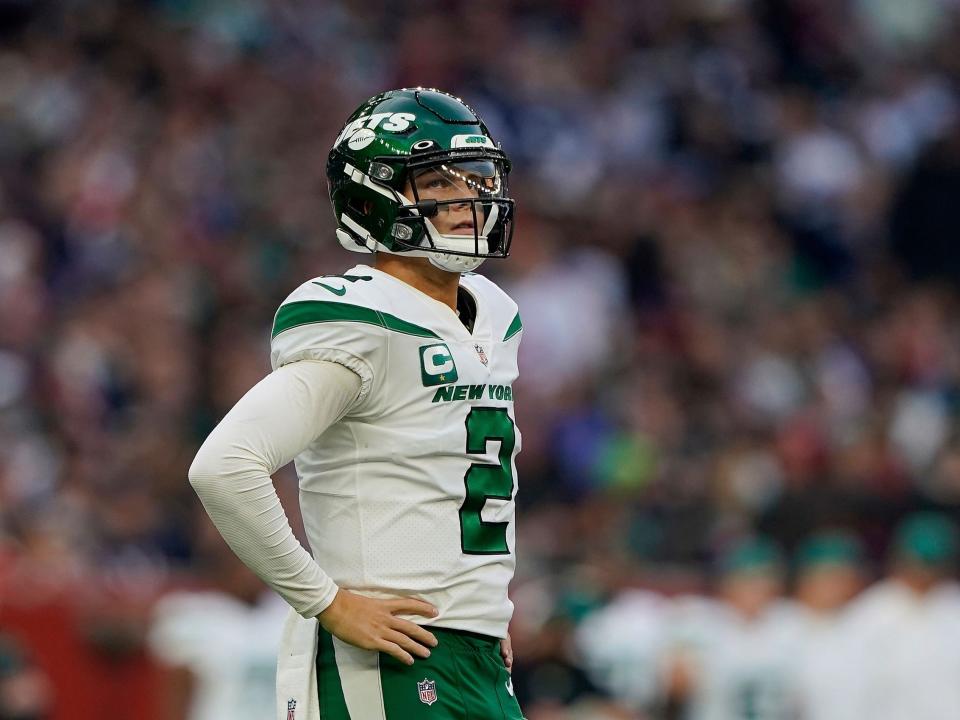 Zach Wilson looks on during a game against the Atlanta Falcons.