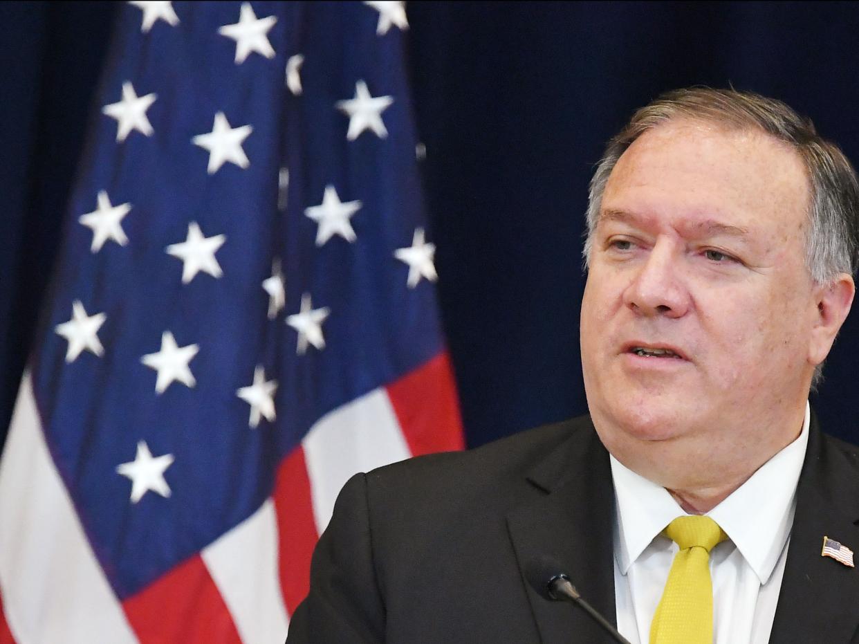 In this file photo taken on 19 August 2020 US Secretary of State Michael Pompeo speaks during a press conference with Iraq’s Foreign Minister Fuad Hussein at the State Department in Washington, DC. (AFP via Getty Images)