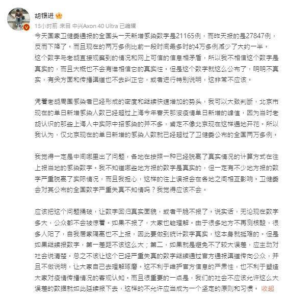 胡錫進質疑中國官方通報染疫數據嚴重失真。（翻攝自胡錫進微博）