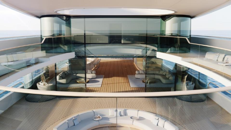 The multi-deck atrium is designed to open the interior with glass and natural light. - Credit: Courtesy Feadship