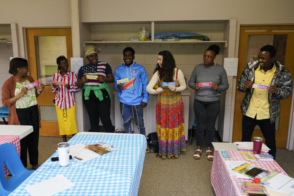 Refugees who recently arrived from Congo and Honduras participate in an English class, Thursday, April 11, 2024, in Columbia, S.C. The American refugee program, which long served as a haven for people fleeing violence around the world, is rebounding from years of dwindling arrivals under former President Donald Trump. The Biden administration has worked to restaff refugee resettlement agencies and streamline the process of vetting and placing people in America. (AP Photo/Erik Verduzco)