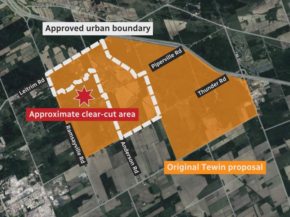 The Algonquins of Ontario and developer Taggart proposed a new suburb for Ottawa in January 2020, shown in orange. City council ultimately agreed to include 445 hectares in the most recent urban boundary expansion.  (CBC News - image credit)