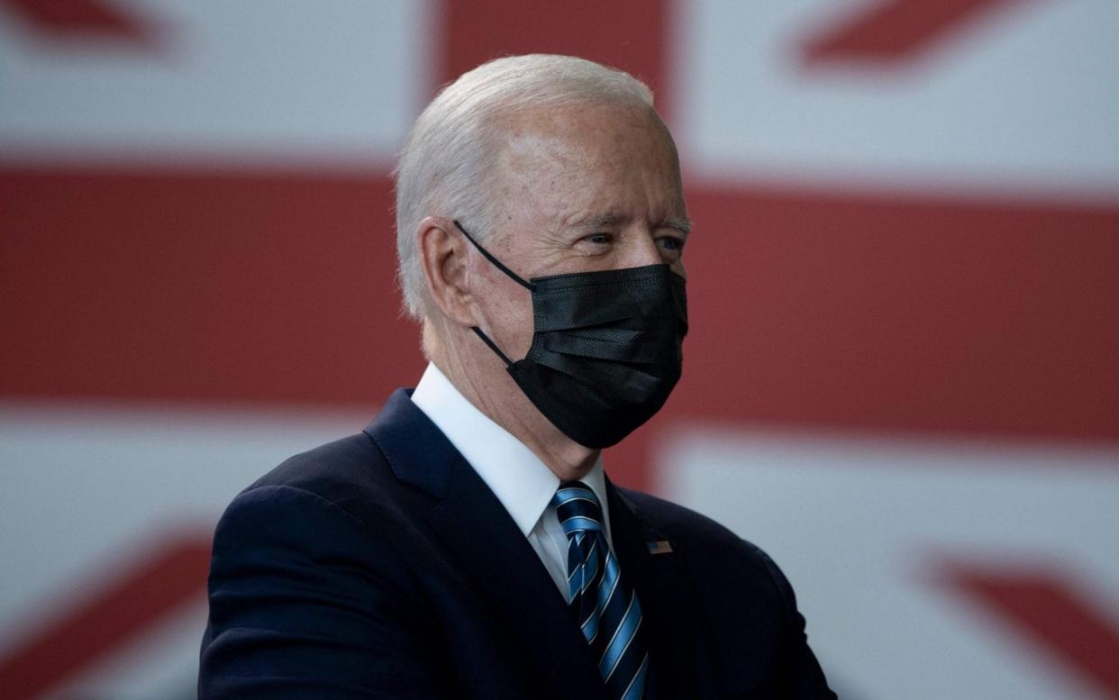 US President Joe Biden prepares to address US Air Force personnel and their families stationed at Royal Air Force Mildenhall, Suffolk - BRENDAN SMIALOWSKI /AFP