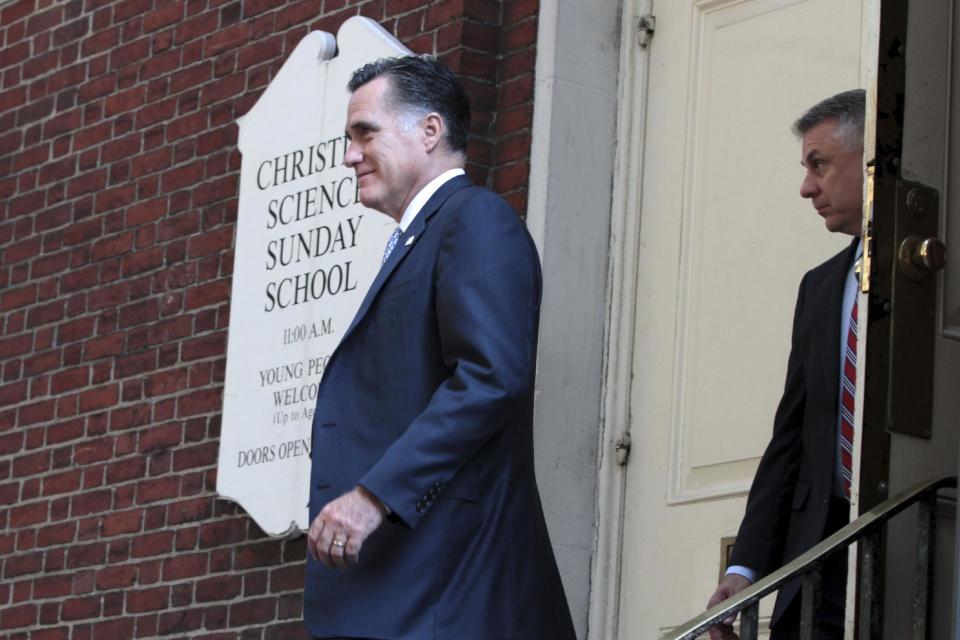 Republican presidential candidate, former Massachusetts Gov. Mitt Romney is followed by a Secret Service agent as he leaves a finance event on the Upper East Side of Manhattan, Thursday, Aug. 9, 2012. (AP Photo/Mary Altaffer)