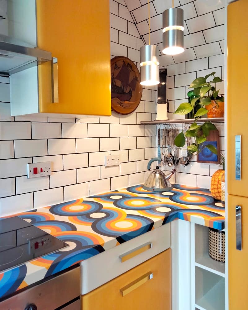 Colorful countertop in kitchen after renovation.