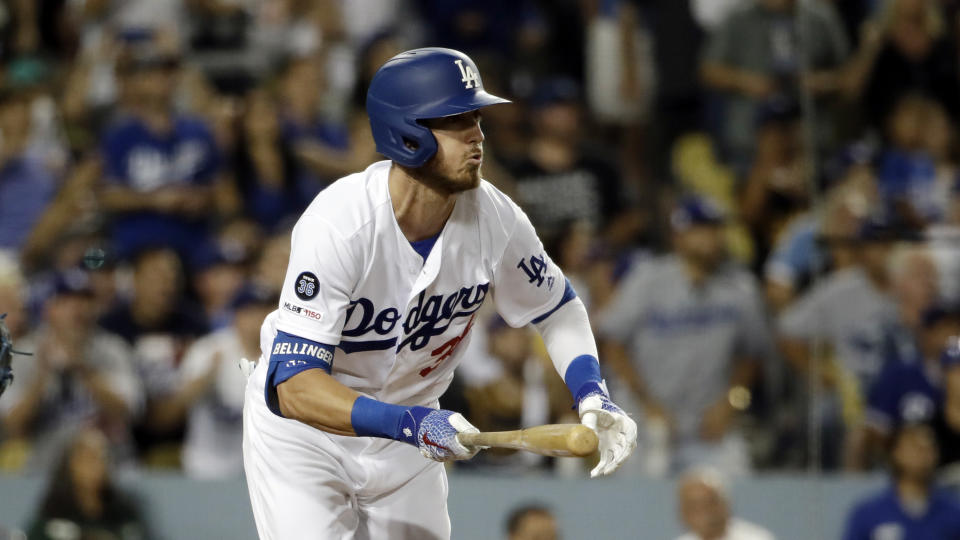 Los Angeles Dodgers' Cody Bellinger hits against the Toronto Blue Jays during a baseball game Tuesday, Aug. 20, 2019, in Los Angeles. (AP Photo/Marcio Jose Sanchez)