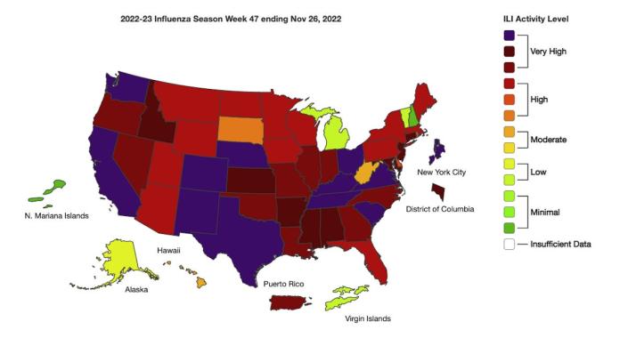 نقشه ایالات متحده فعالیت بالای آنفولانزا را در اکثر ایالت ها نشان می دهد