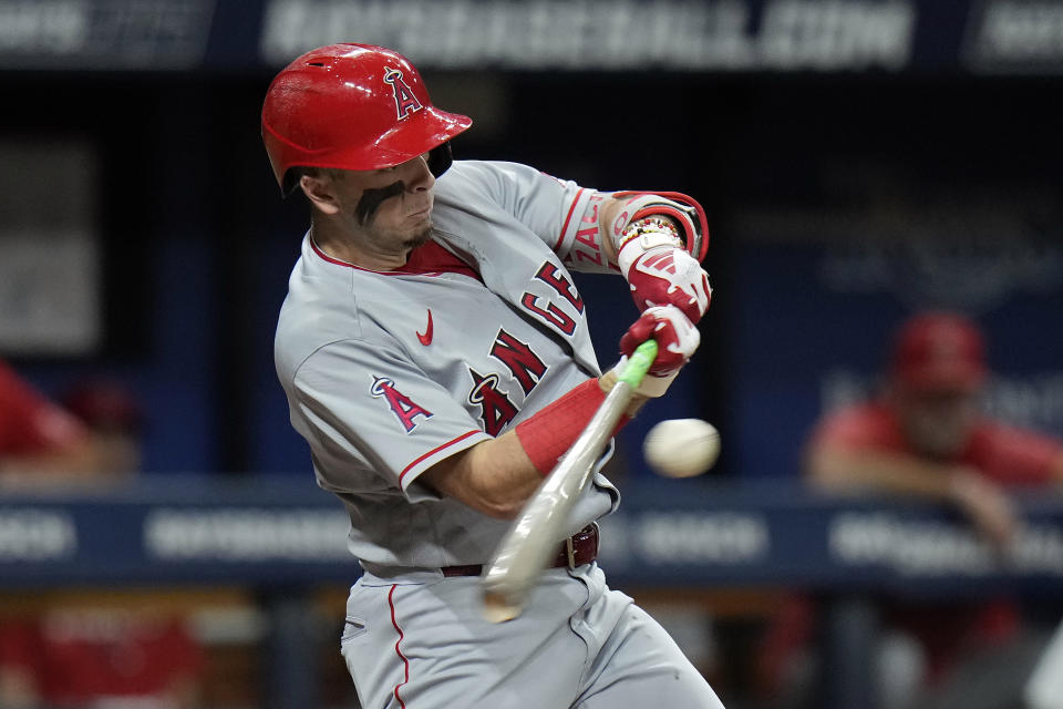 Los Angeles Angels' Zach Neto bats against the Tampa Bay Rays during the fourth inning of a baseball game Wednesday, Sept. 20, 2023, in St. Petersburg, Fla. (AP Photo/Chris O'Meara)
