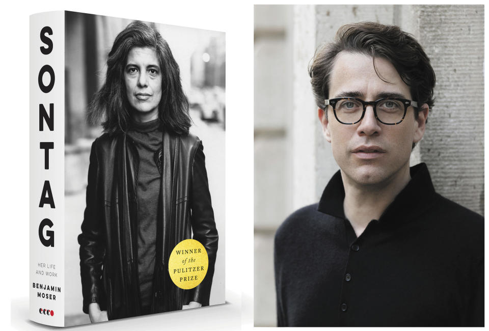 This combination of images released by Ecco shows "Sontag: Her Life and Work," left, and author Benjamin Moser winner of the Pulitzer Prize for Biography. (Ecco via AP, left, and Beowulf Sheehan/Ecco via AP)