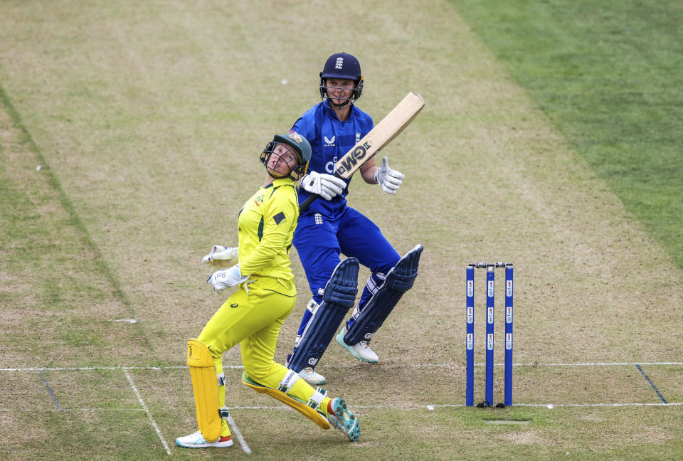 England's Amy Jones batting during the third one day international of the Women's Ashes Series at the at Cooper Associates County Ground, Taunton, England, Tuesday July 18, 2023. (Steven Paston/PA via AP)