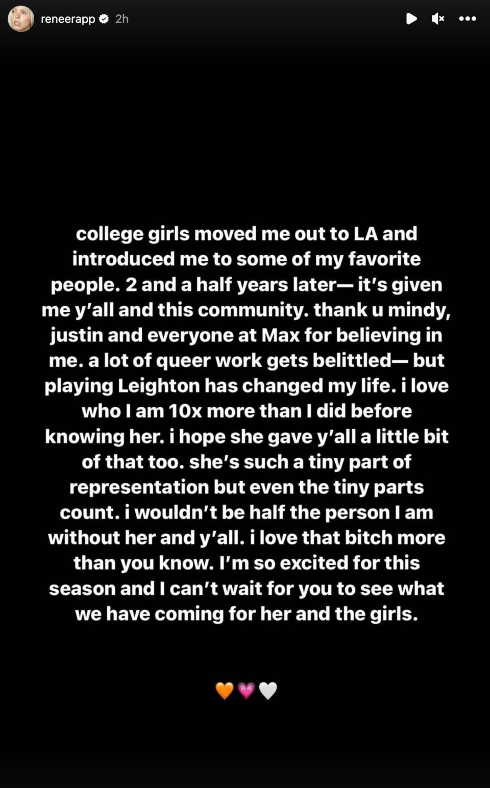 Reneé Rapp's Instagram Stories post reflecting on 'The Sex Lives of College Girls'