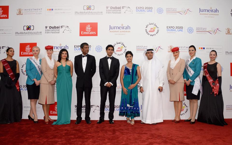 DUBAI, UNITED ARAB EMIRATES - DECEMBER 09: (from fourth left) Managing Director of DIFF Shivani Pandya, actors Adil Hussain, Suraj Sharma, Shravanthi Sainath and DIFF Chairman Abdulhamid Juma attend the "Life of PI" Opening Gala during day one of the 9th Annual Dubai International Film Festival held at the Madinat Jumeriah Complex on December 9, 2012 in Dubai, United Arab Emirates. (Photo by Andrew H. Walker/Getty Images for DIFF)