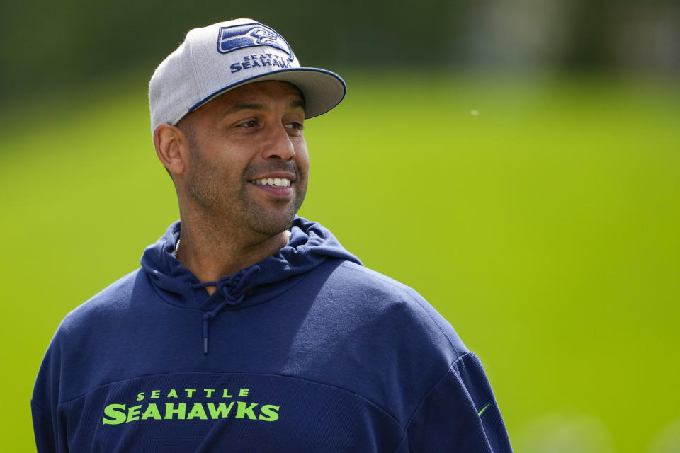 Seattle Seahawks defensive coordinator Aden Durde smiles during the NFL football team's rookie minicamp Friday, May 3, 2024, in Renton, Wash. (AP Photo/Lindsey Wasson)