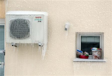 Frozen food is seen on a window due an electricity outage in Postojna February 5, 2014. REUTERS/Srdjan Zivulovic