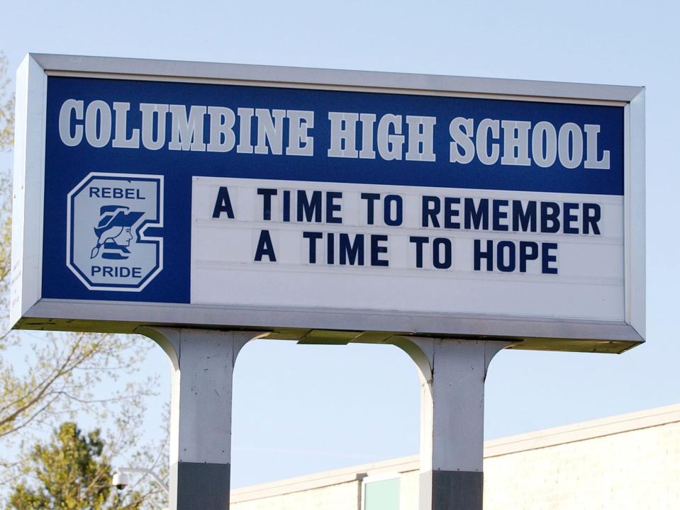 In this April 19, 2004, file photo, a sign at Columbine High School in Littleton, Colo.