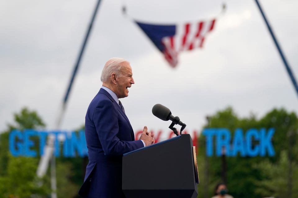 President Joe Biden speaks during a rally at Infinite Energy Center, to mark his 100th day in office, Thursday, April 29, 2021, in Duluth, Ga. (AP Photo/Evan Vucci)