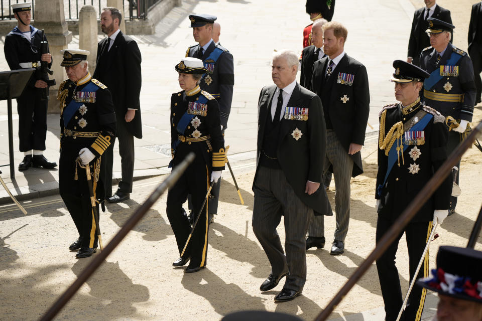 King Charles III, Anne, Princess Royal, Prince Andrew, Duke of York and Prince Edward, Earl of Wessex, (Second Row Prince William, Prince of Wales and Prince Harry, Duke of Sussex, (Third row L-R) David Armstrong-Jones, 2nd Earl of Snowdon,  and Prince Richard, Duke of Gloucester walk behind the Queen's funeral cortege. (Getty)