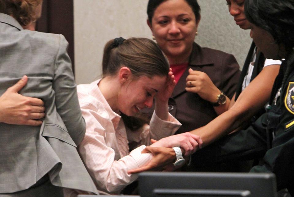 Casey Anthony reacts to being found not guilty in her daughter's death at the Orange County Courthouse in Orlando, Florida, on July 5, 2011.