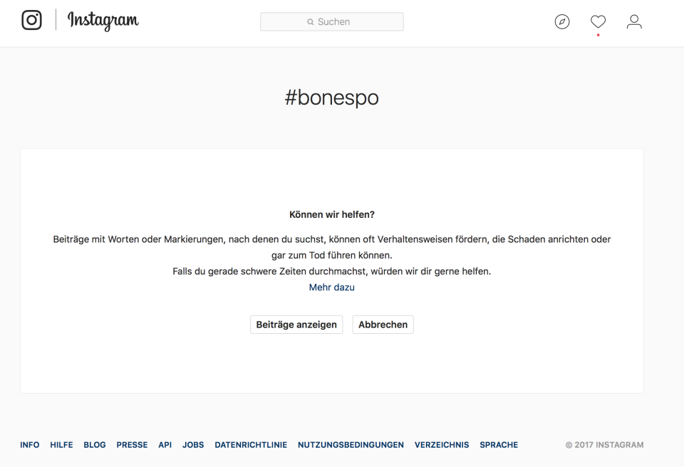 Diese Warnung erscheint auf Instagram, wenn man nach dem Hashtag #bonespo sucht (Bild: Screenshot Instagram)