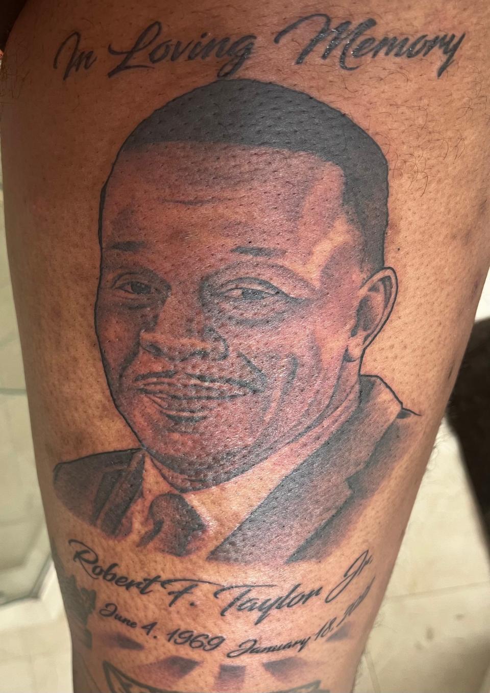 Tattoo of Robert Taylor on Jawaan Taylor's quad