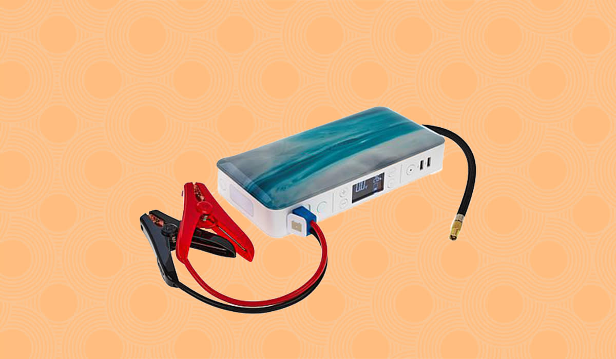 Teal marbelized charger and jump starter shown on orange background