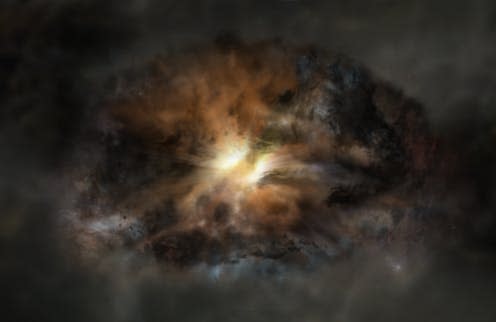 <span class="caption">Artist's impression of quasar W2246-0526.</span> <span class="attribution"><span class="source"> NRAO/AUI/NSF; Dana Berry / SkyWorks; ALMA (ESO/NAOJ/NRAO)</span>, <a class="link " href="http://creativecommons.org/licenses/by-sa/4.0/" rel="nofollow noopener" target="_blank" data-ylk="slk:CC BY-SA;elm:context_link;itc:0;sec:content-canvas">CC BY-SA</a></span>