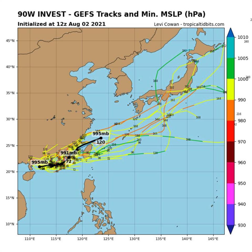 圖為美國模式（GFS）模擬，低壓有機會成颱跟可能的路徑預估。（翻攝自tropicaltidbits）