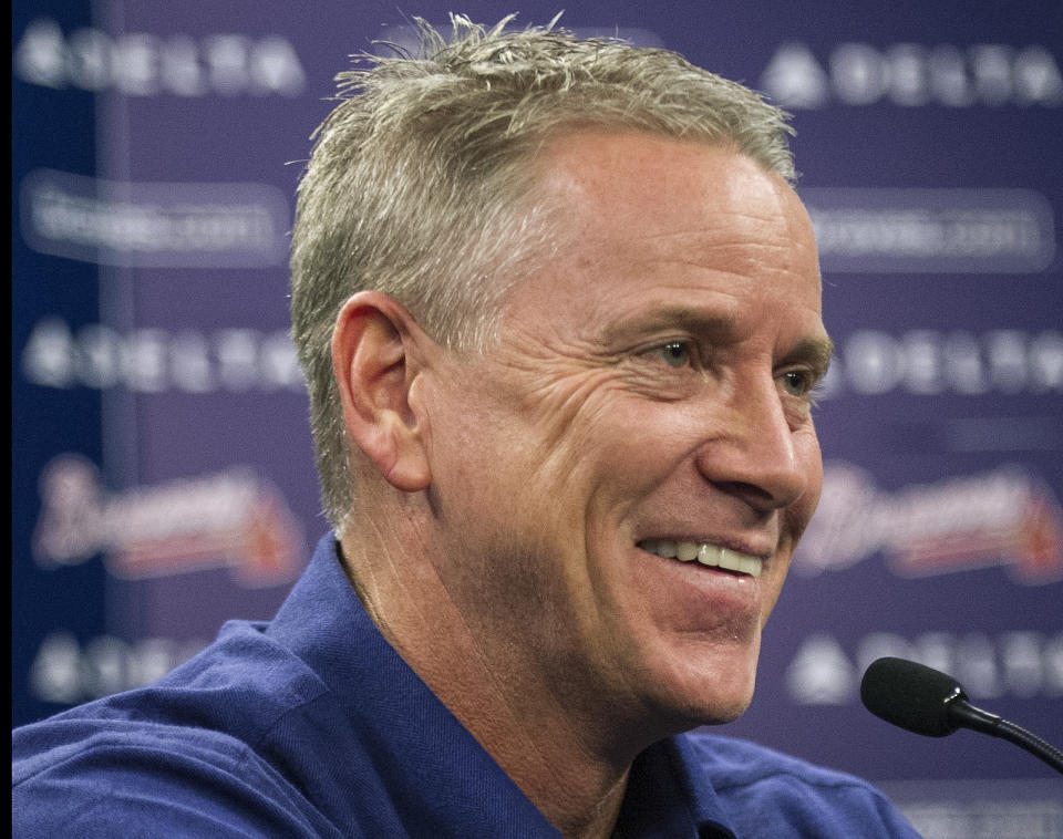 Former Atlanta Braves player Tom Glavine speaks with members of the media during a news conference at Turner Field after being elected to the baseball's Hall of Fame on Wednesday, Jan. 8, 2014, in Atlanta. Also elected were former Braves teammate Greg Maddux and Frank Thomas, who will all join managers Bobby Cox, Joe Torre, and Tony La Russa in the next induction. (AP Photo/John Amis)