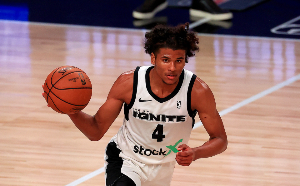 LAKE BUENA VISTA, FLORIDA - FEBRUARY 18: Jalen Green #4 of the G League Ignite brings the ball up the floor during a G-League game against the Westchester Knicks at AdventHealth Arena at ESPN Wide World Of Sports Complex on February 18, 2021 in Lake Buena Vista, Florida. 