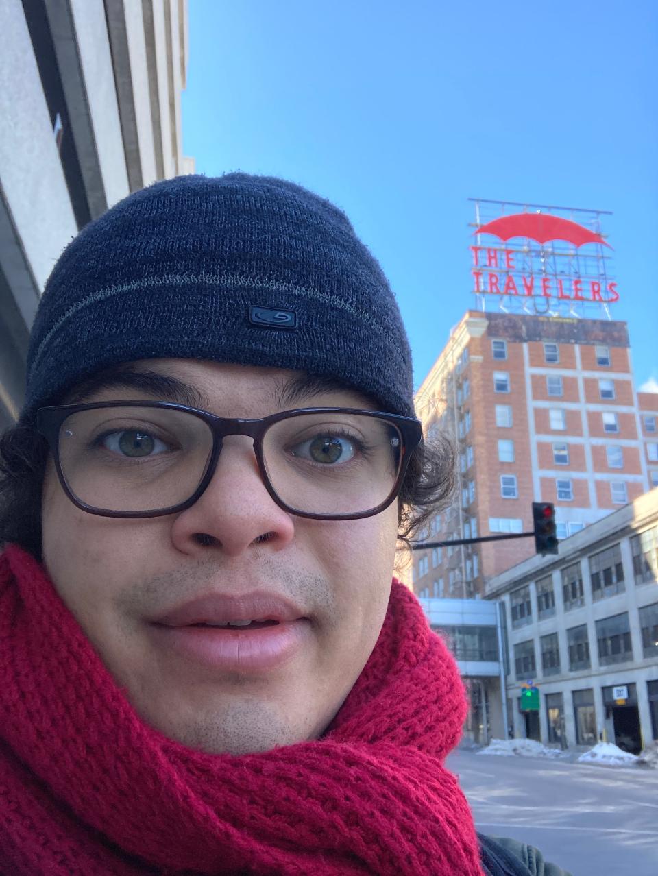 The best spot to get a selfie with the Travelers Umbrella, an iconic Des Moines fixture, is at Grand Avenue and Fourth Street.