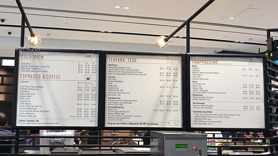 starbucks menu prices singapore jewel changi airport