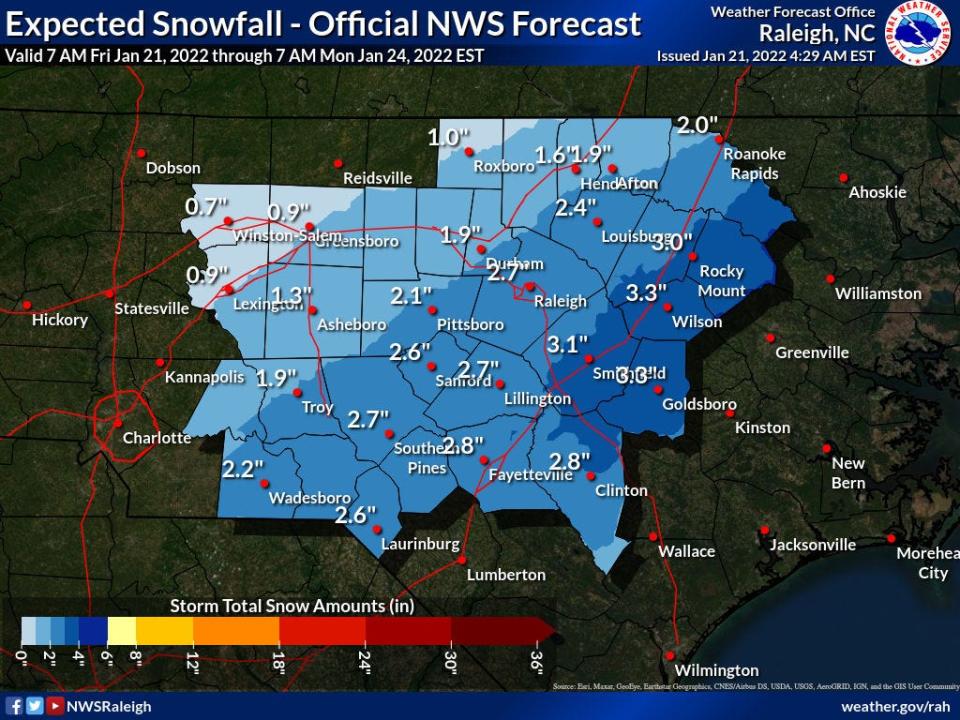 A National Weather Service Raleigh weather model indicates Fayetteville could receive 2.8 inches of snow during the weekend.