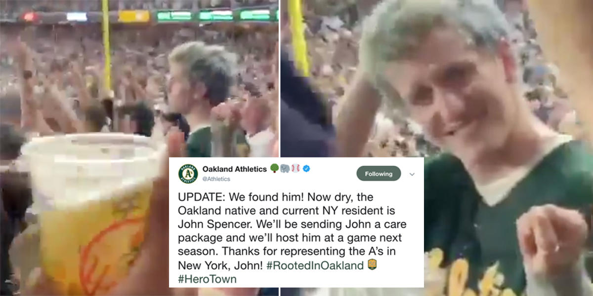 A's fan soaked in beer partied with Yankees fan who threw it