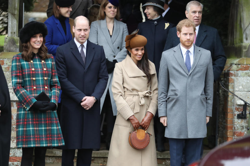<p>Meghan joined the royals at Sandringham at Christmas for the first time in 2017. The ladies looked chic in winter coats, with Kate in a tartan Miu Miu number and Meghan opting for a camel Sentaler jacket, a brown Philip Treacy hat and a circular Chloe ‘Pixie’ bag. (Getty) </p>