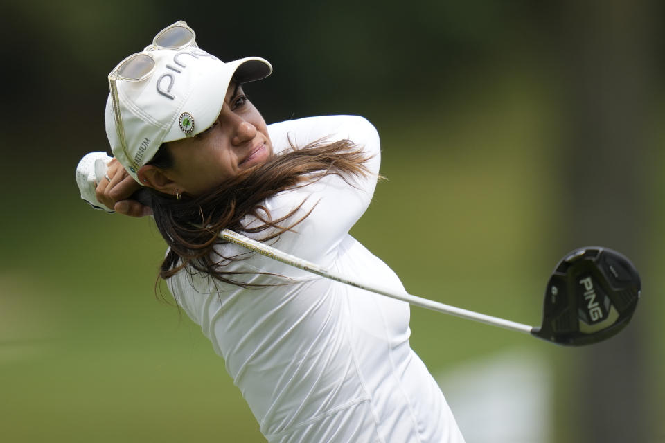 Paula Reto, of South Africa, watches her shot off the seventh tee before the Women's PGA Championship golf tournament, Wednesday, June 21, 2023, in Springfield, N.J. (AP Photo/Seth Wenig)