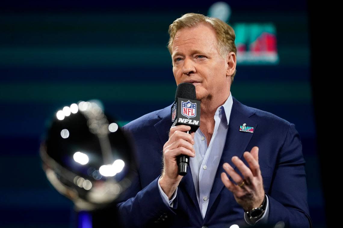 NFL Commissioner Roger Goodell speaks during a news conference ahead of the Super Bowl 57 NFL football game, Wednesday, Feb. 8, 2023, in Phoenix. The Kansas City Chiefs will play the Philadelphia Eagles on Sunday. (AP Photo/Mike Stewart)