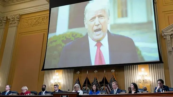 PHOTO: A video of President Donald Trump is shown on a screen, as the House select committee investigating the Jan. 6 attack on the U.S. Capitol holds a hearing at the Capitol in Washington, July 21, 2022. (J. Scott Applewhite/AP, FILE)