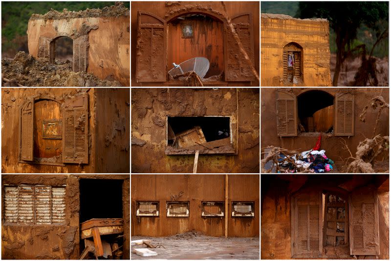 FILE PHOTO: A combination photograph shows windows of damaged houses in Bento Rodrigues district after a dam, owned by Vale SA and BHP Billiton Ltd, burst in Mariana, Brazil