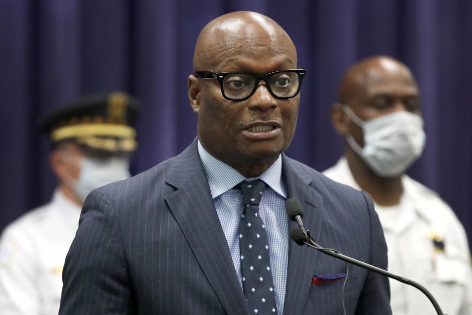 Chicago Police Superintendent David Brown responds to a question about the Memorial Day weekend violence during a news conference Tuesday, May 26, 2020, in Chicago. Shootings in Chicago left multiple people dead and at least 39 others wounded in the city's deadliest Memorial Day weekend since 2015. (AP Photo/Charles Rex Arbogast)