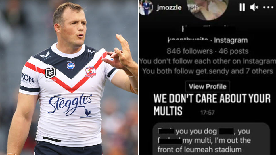 Pictured here, veteran centre Josh Morris a screenshot of the abusive message he received on social media.