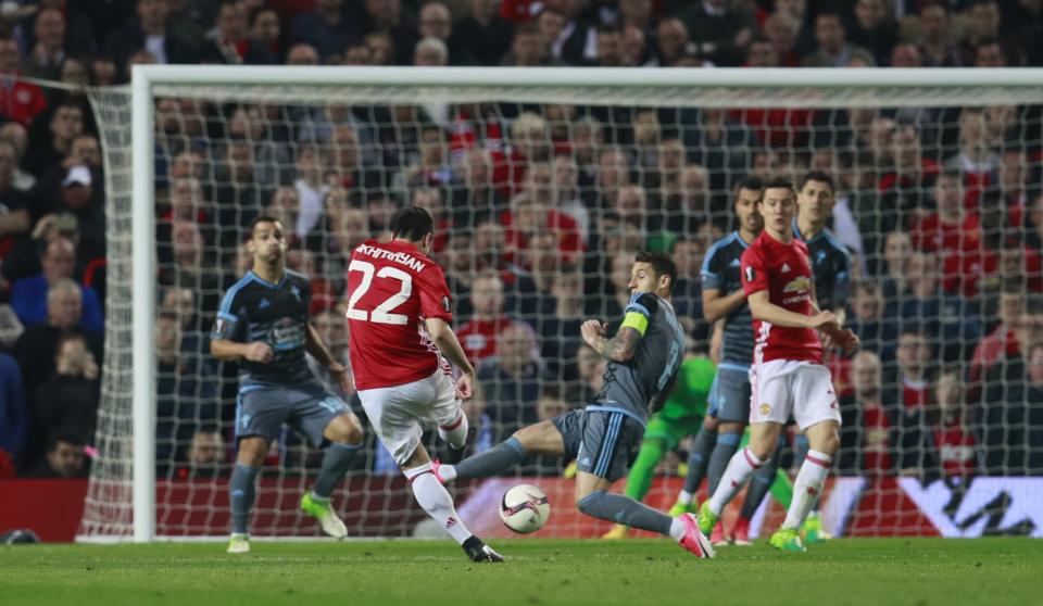 <p>Manchester United’s Henrikh Mkhitaryan shoots at goal </p>
