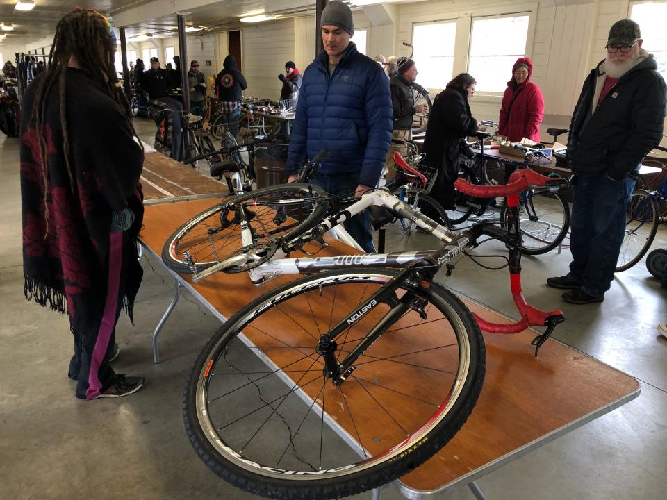 Bikes and accessories line up for shoppers at 2022's bike swap meet at St. Patrick's County Park in South Bend.