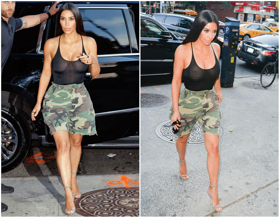 Kim’s cargo shorts and see-through black bodysuit