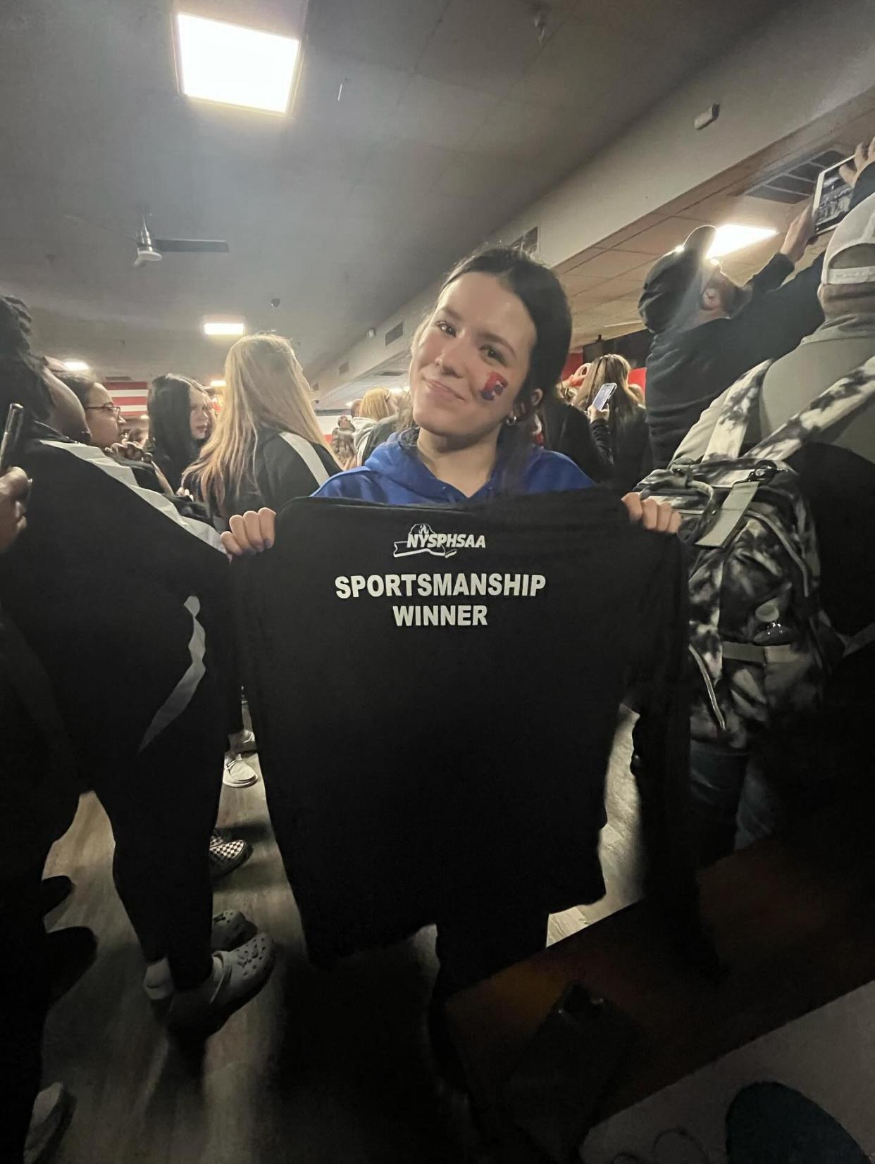 Fairport's Alivia Kappen won the Sportsmanship Award at the NYSPHSAA Championships in Syracuse. Kappen led the Red Raiders with a 1,092 high-series during their ninth place finish on Sunday, March 10, 2024.